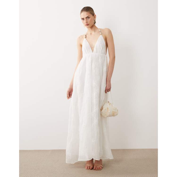 SNDYS linen look textured floral beaded detailing plunge halterneck maxi  dress in white | ASOS