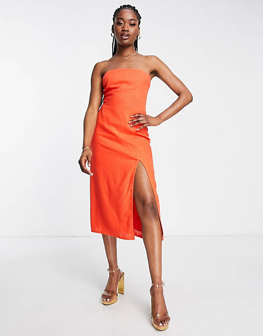 SNDYS linen midi dress with thigh split in tangerine