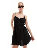 [SNDYS] SNDYS linen ruched strappy mini dress in black 10 BLACK