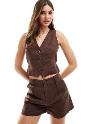 linen tie waist detail vest set in chocolate-Brown