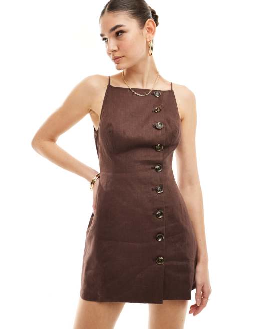 SNDYS - Linnen cami mini jurk met vierkante hals en knopen in bruin