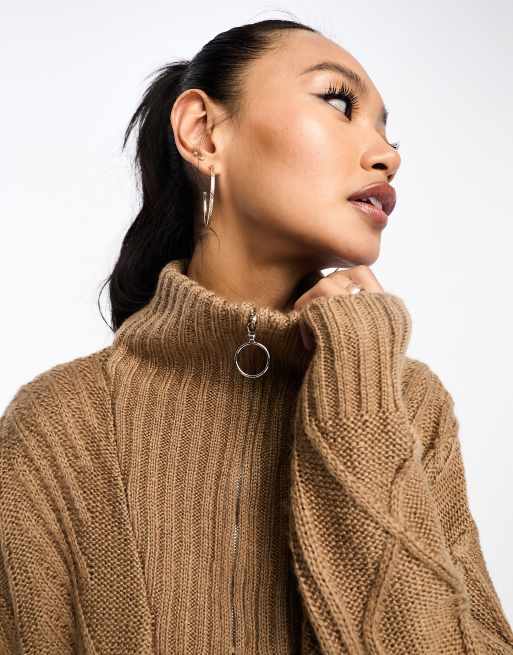 SNDYS - Maglione in misto lana a trecce cammello con zip corta, 2 di 4