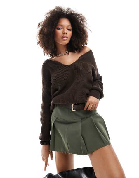 SNDYS - Maglione marrone in cotone con scollo a cuore profondo - view 1