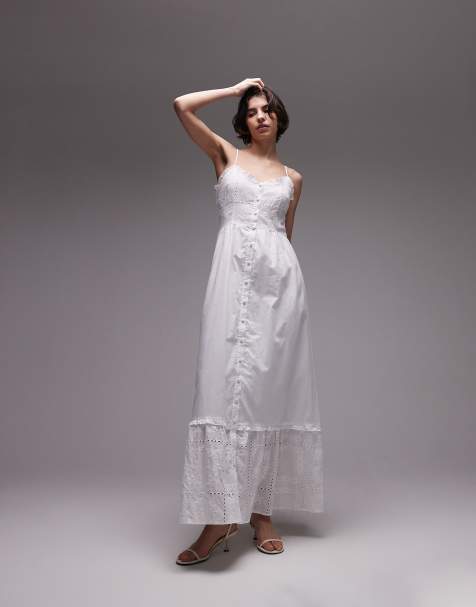 SNDYS - Maxi cami-jurk met broderie, ruches en knoopsluiting in wit - view 1