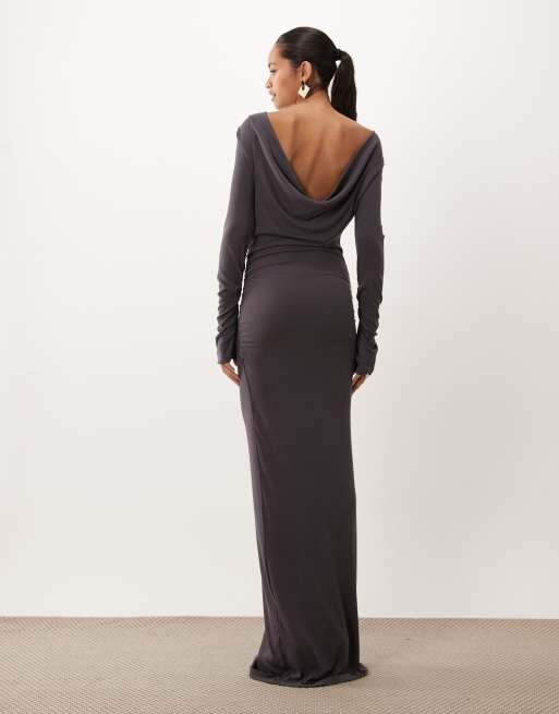 SNDYS maxi jurk met gerimpelde taille en gedrapeerde rug in leisteen, 4 van 4