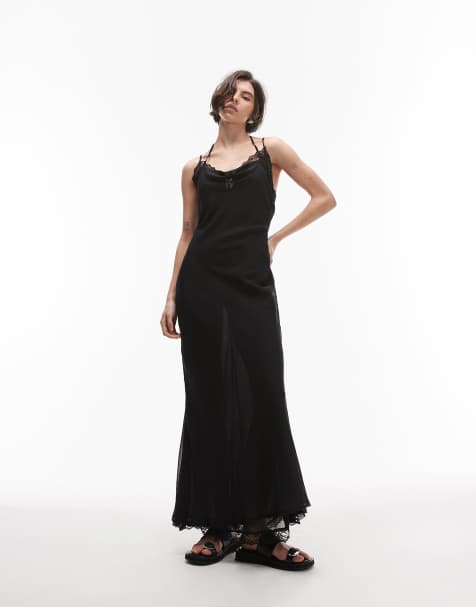 SNDYS – Maxikleid in Schwarz mit Trägern, Wasserfallausschnitt und Spitzenborte - view 1