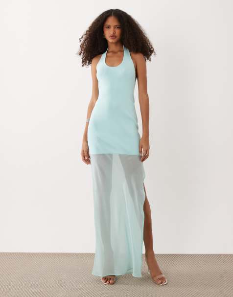 SNDYS Maxikleid mit Neckholder aus Chiffon und transparentem Saum in Aqua - view 1