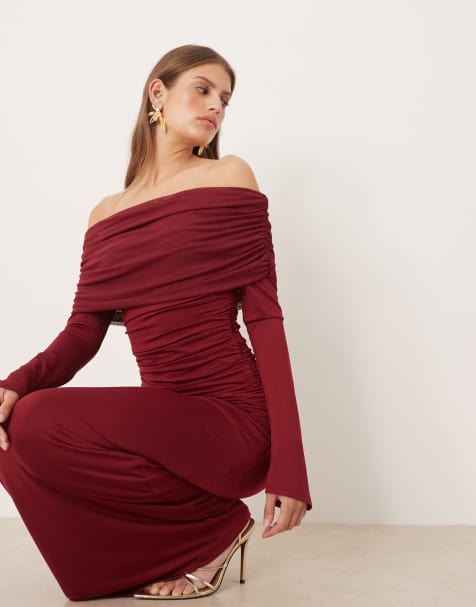 SNDYS mesh asymmetric shoulder overlay maxi dress in wine - view 1