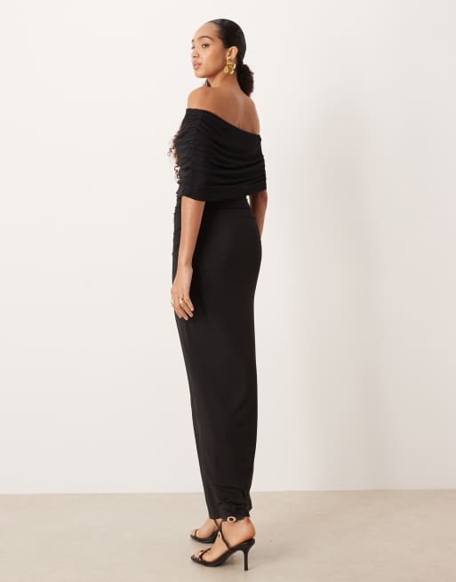 SNDYS mesh bardot sleeve ruched waist maxi dress in black, 3 of 4