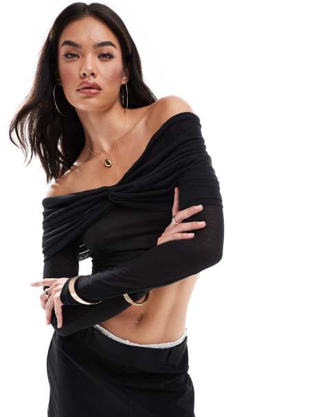 SNDYS mesh bardot twist overlay detail top in black - view 1