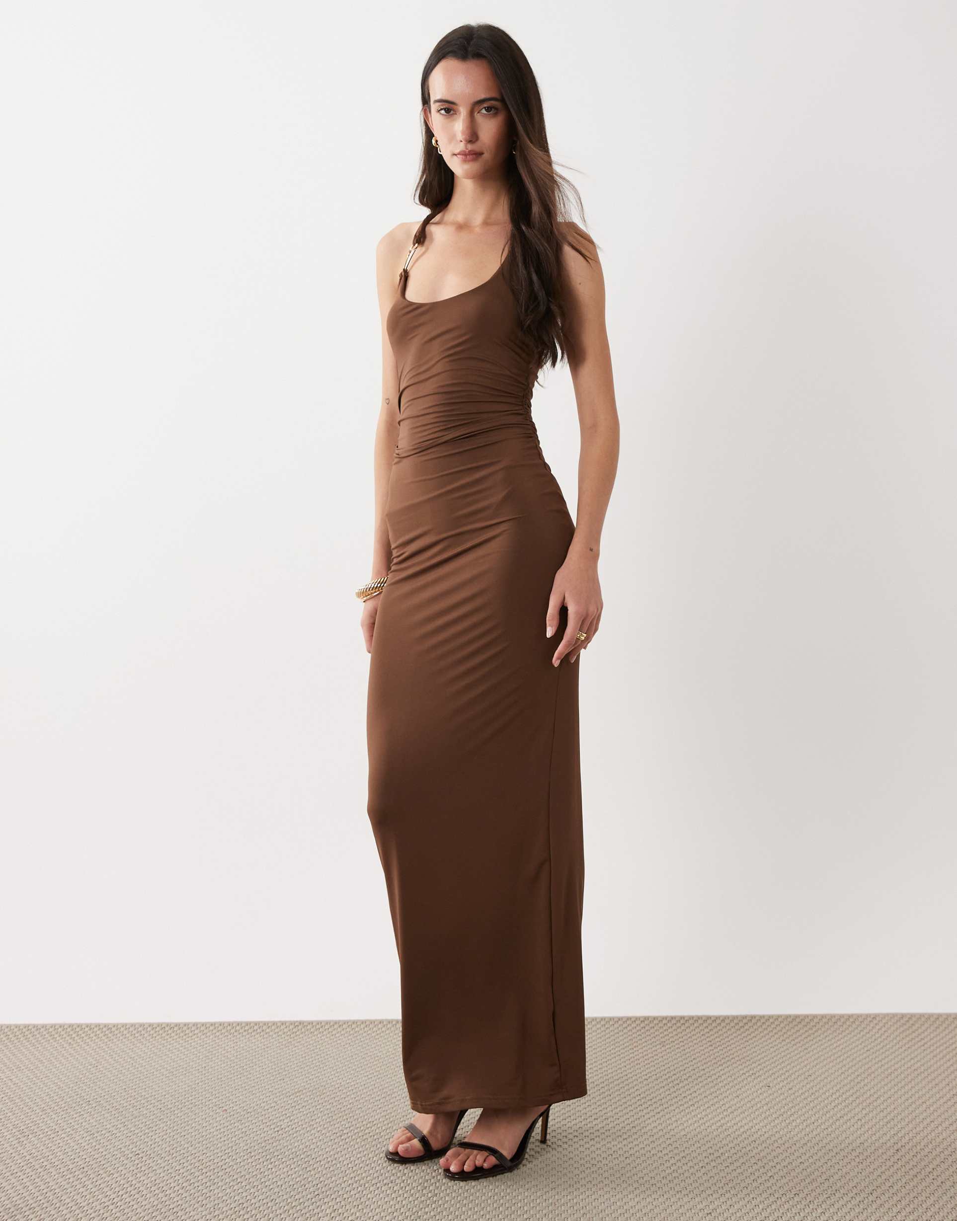 sndys metal detail strap scoop neck maxi dress in chocolate