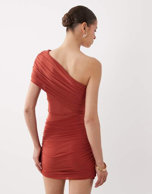 SNDYS – Minikleid aus hochwertigem Jersey in Rostrot mit One-Shoulder-Träger und Netzstoffeinsatz, 4 von 4