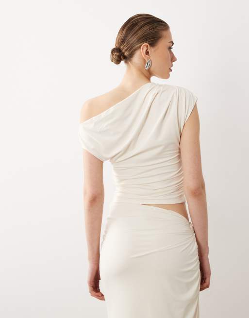 SNDYS off shoulder drape top co-ord in cream, 4 of 4