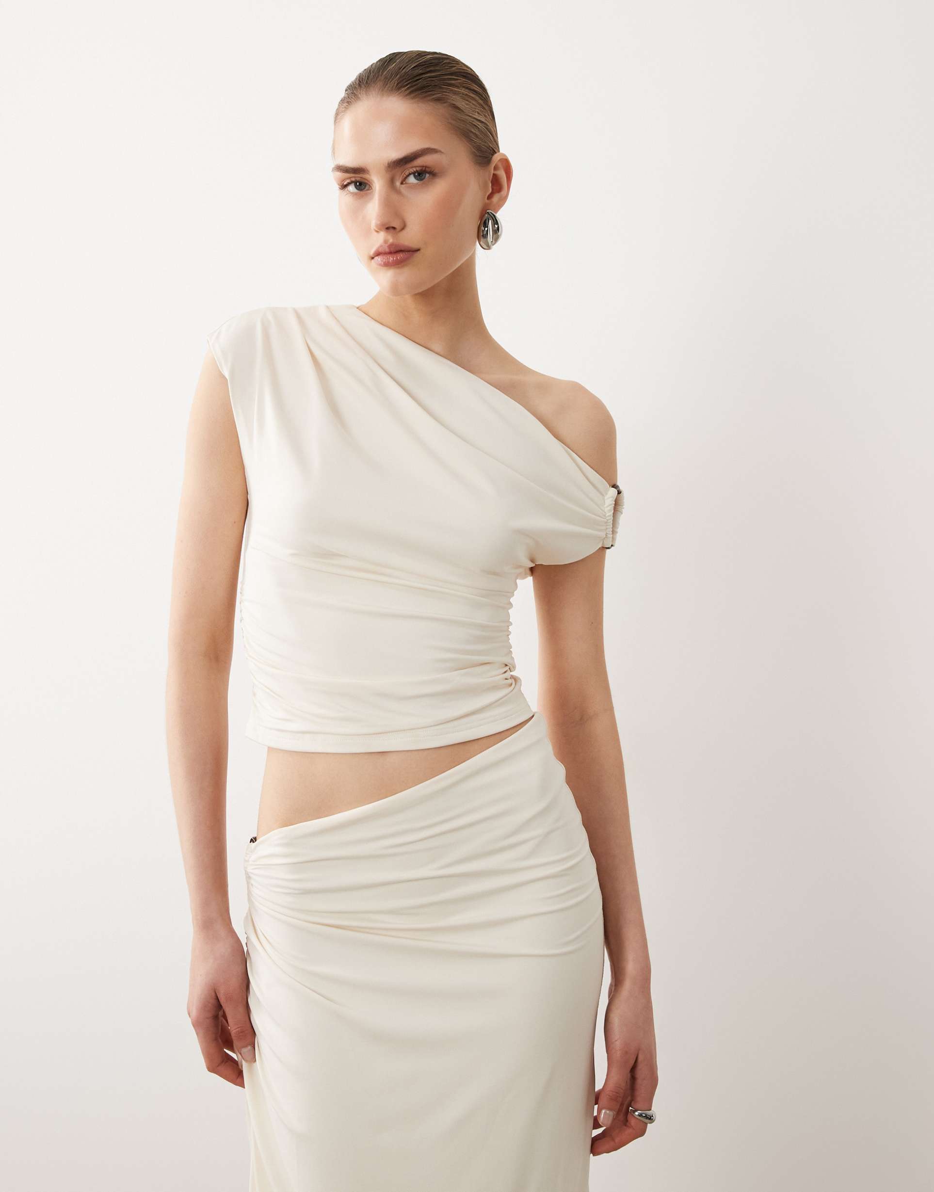 sndys off the shoulder draped top in cream - part of a set