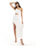 [SNDYS] SNDYS one shoulder strappy back cut out detail thigh split maxi dress in white XXL WHITE