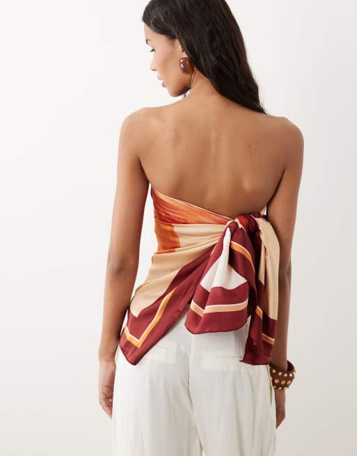 SNDYS - Orange bandeau-top i satin med tørklædekant og blomstermønster, 4 af 4
