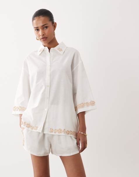 SNDYS – Oversize-Hemdbluse aus Leinen-Baumwollmix in Weiß mit Blumenapplikation am Rand, Kombiteil - view 1