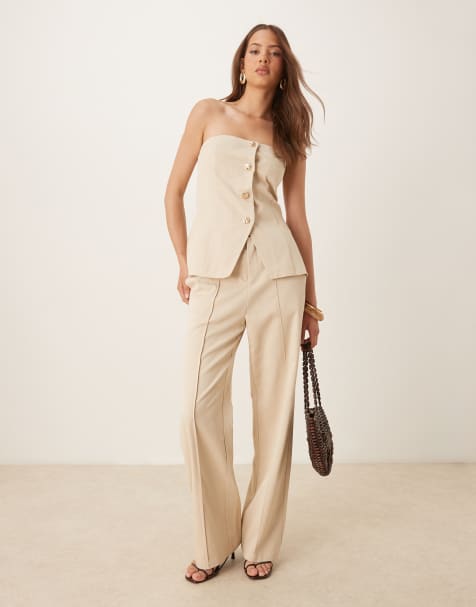 SNDYS - Pantalon large d'ensemble aspect lin à pince sur le devant - Crème - view 1