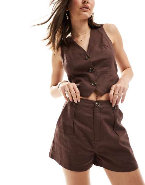 SNDYS - Pantaloncini sartoriali in lino color cioccolato in coordinato - view 1