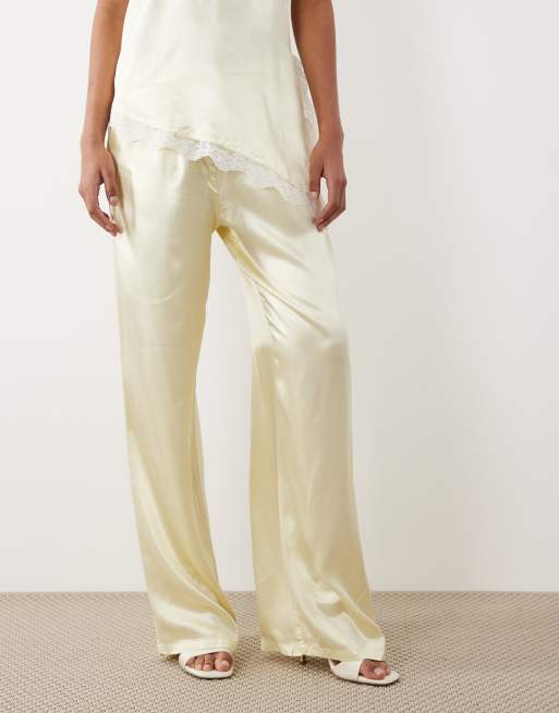 SNDYS - Pantalones amarillo limón de pernera ancha con cordón ajustable de satén (parte de un conjunto), 2 de 5