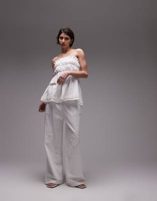SNDYS - Pantaloni a fondo ampio bianchi in misto lino con fiori applicati in coordinato - view 1