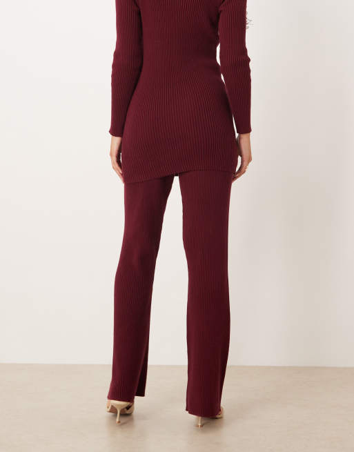 SNDYS - Pantaloni ampi in maglia bordeaux a coste in coordinato, 4 di 5