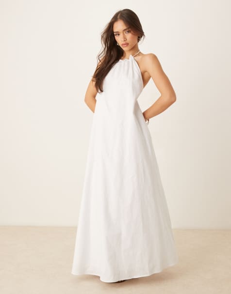 SNDYS poplin linen blend halterneck open back maxi dress in white - view 1