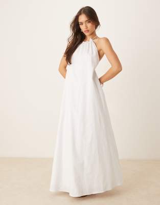 sndys poplin linen-blend halterneck open back maxi dress in white