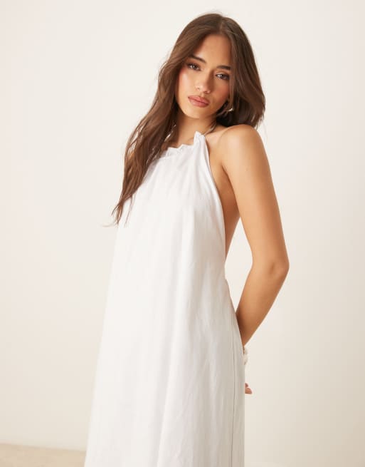 SNDYS poplin linen blend halterneck open back maxi dress in white