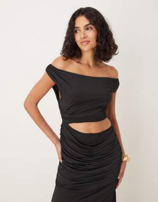 Sndys Premium Asymmetric Drape Off-shoulder Cut-out Maxi Dress In Black