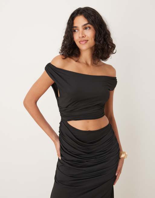 SNDYS premium asymmetric drape off shoulder cutout maxi dress in black, 2 of 4