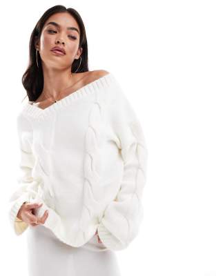 SNDYS SNDYS premium asymmetric v neck cable knit jumper co-ord in cream-White