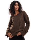 [SNDYS] SNDYS premium asymmetric v neck cable knit jumper in mocha-Brown XXL Mocha