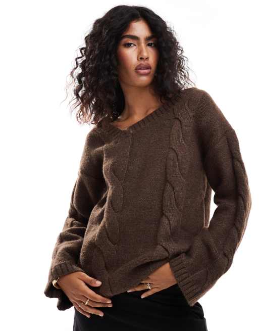 SNDYS premium asymmetric v neck cable knit jumper in mocha ASOS