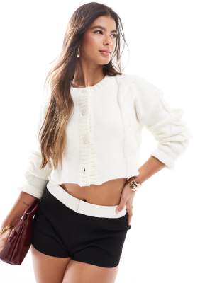 SNDYS SNDYS premium cropped cable knit cardigan in cream-White