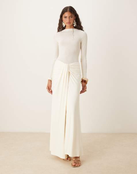 SNDYS premium high neck semi sheer long sleeve top and maxi skirt set in off white - view 1