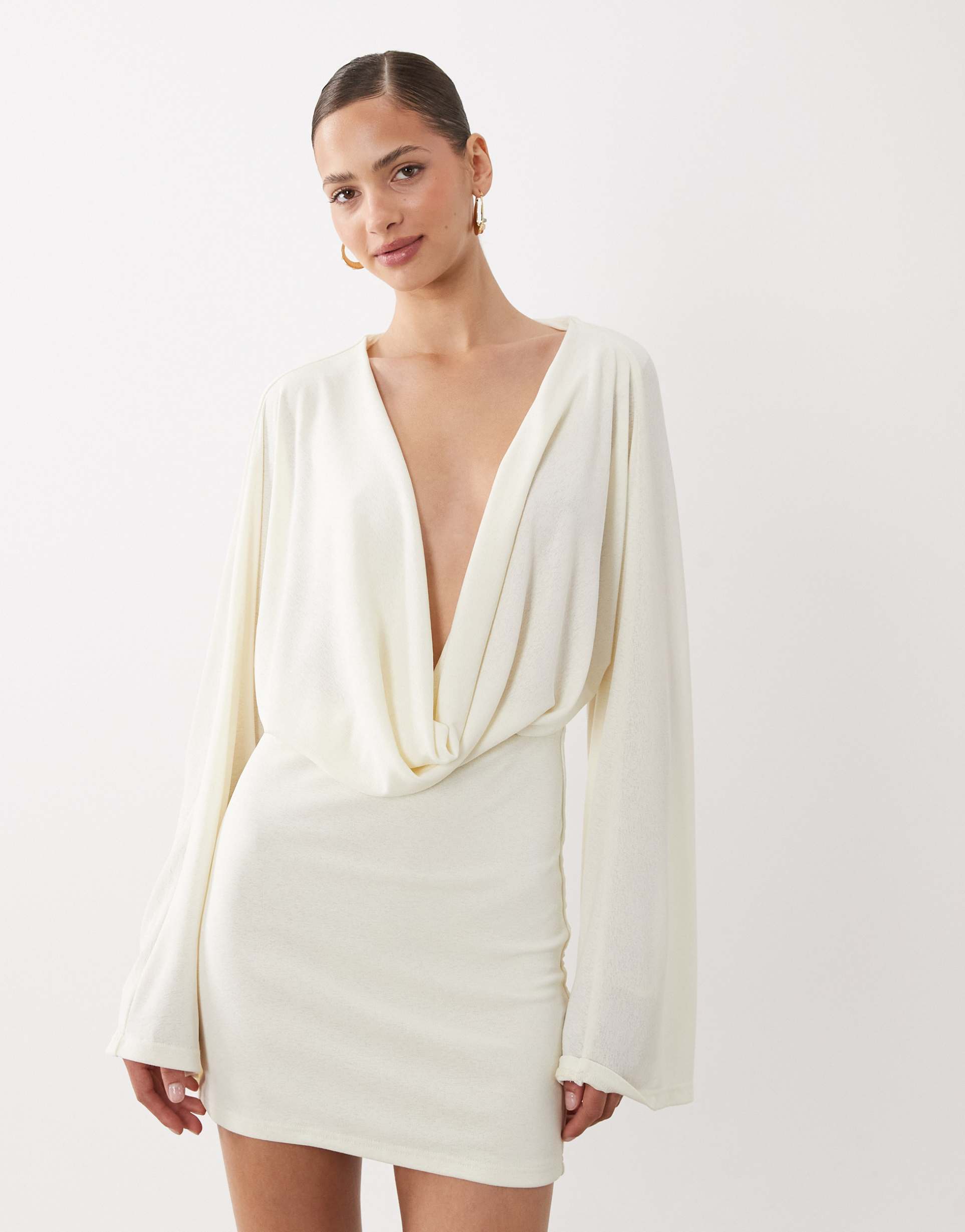 sndys premium jersey deep cowl neck flared sleeve mini dress in off-white
