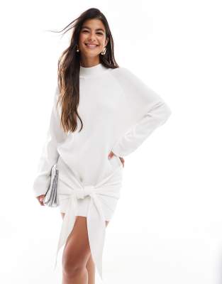 premium knitted knot front drape detail mini sweater dress in white