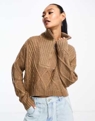 SNDYS - Pullover aus Wollmix in Kamelbeige mit Zopfmuster und kurzem Reißverschluss-Brown