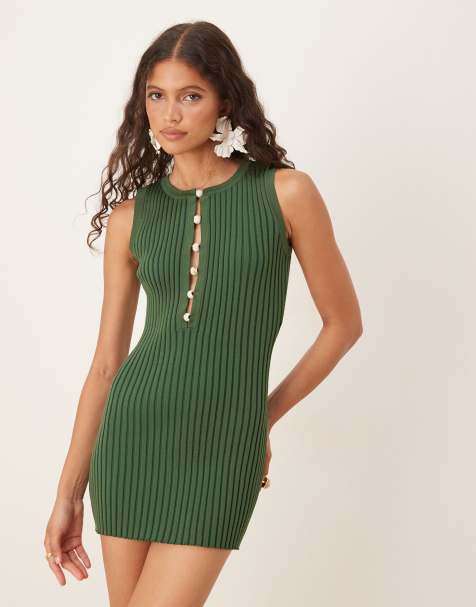 SNDYS rib knit faux pearl cut out detail mini dress in green - view 1