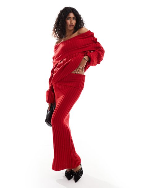 SNDYS rib knit fold-over maxi skirt in red - part of a set - view 1