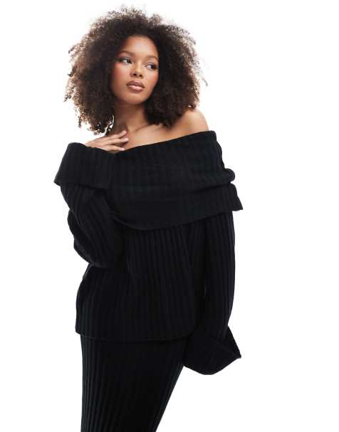 SNDYS rib knit foldover bardot jumper co-ord in black - view 1