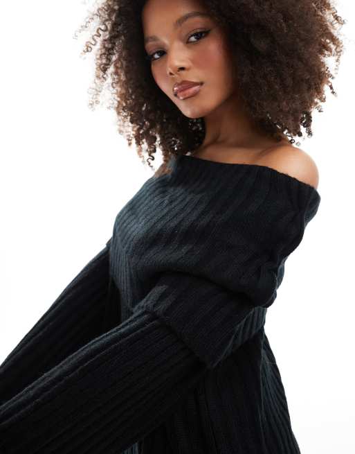 SNDYS rib knit foldover bardot sweater and maxi skirt set in black ASOS