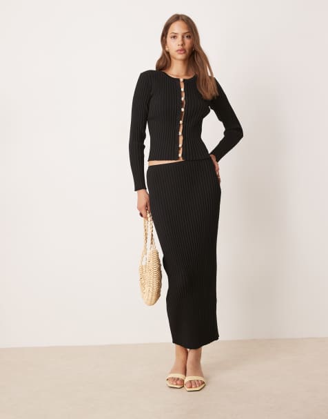 SNDYS ribbed knit column maxi skirt co-ord in black - view 1