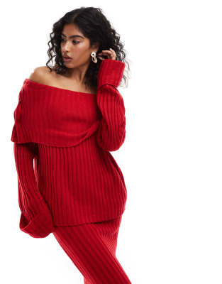 Sndys Ribbed Knit Fold-over Bardot Sweater In Red - Part Of A Set