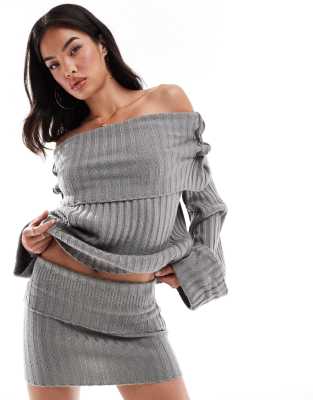 ribbed knit folded waist mini skirt in gray - part of a set