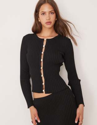 SNDYS SNDYS ribbed knit pearl open detail long sleeve top co-ord in black