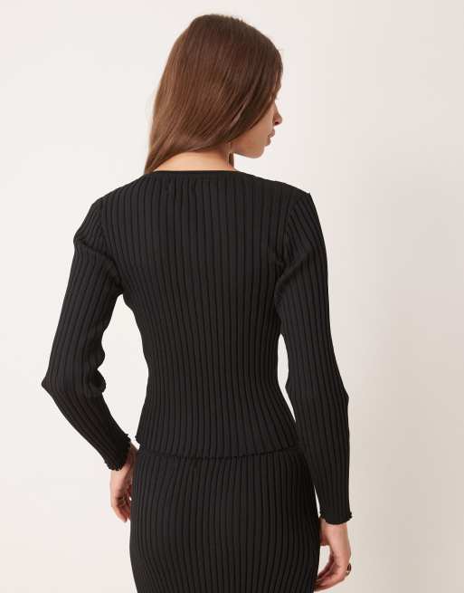 SNDYS ribbed knit pearl open detail long sleeve top co-ord in black, 4 of 4