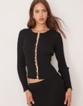 [SNDYS] SNDYS ribbed knit pearl open detail long sleeve top in black (part of a set) XL BLACK