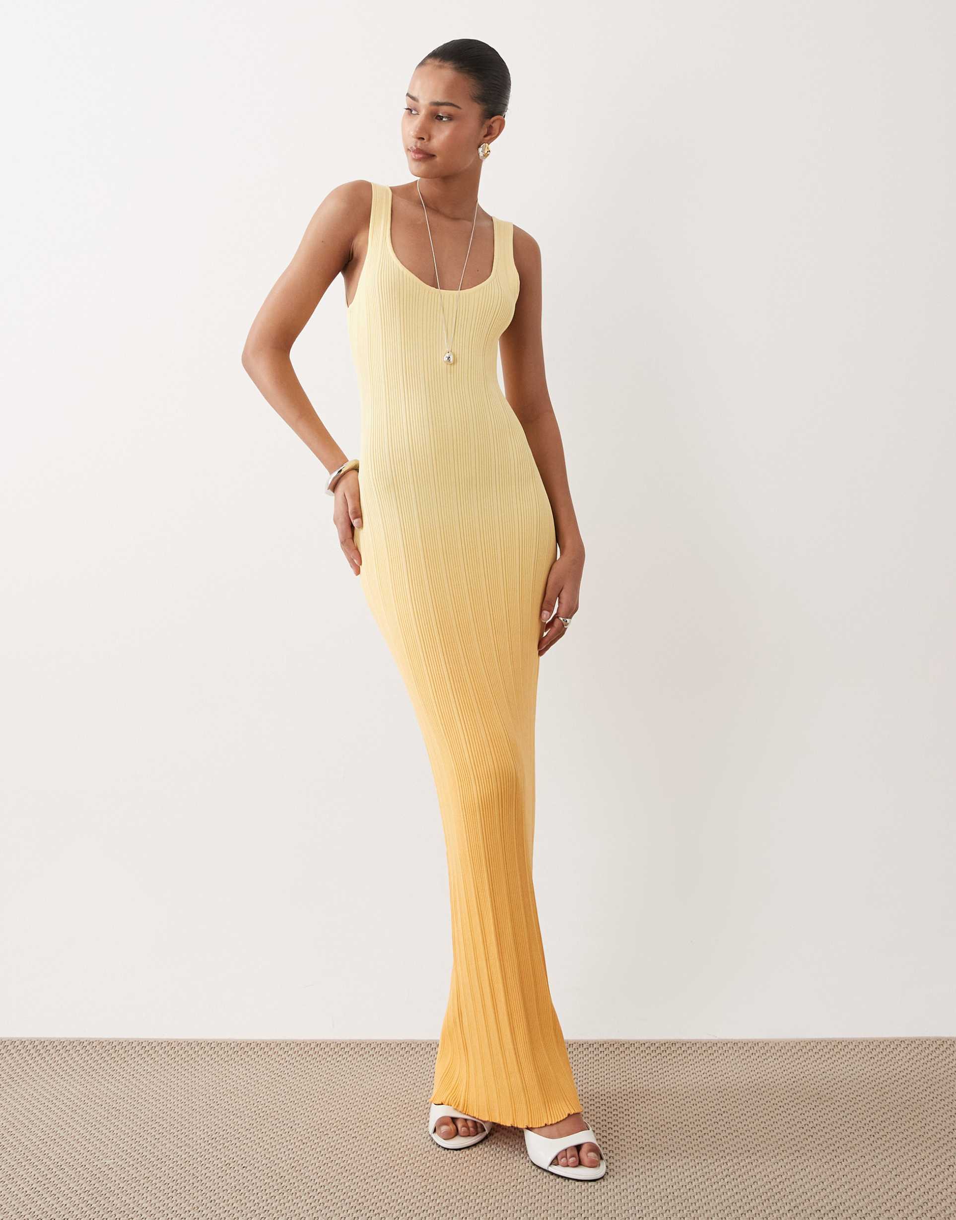 sndys ribbed knit scoop neck sleeveless bodycon maxi dress in yellow ombre